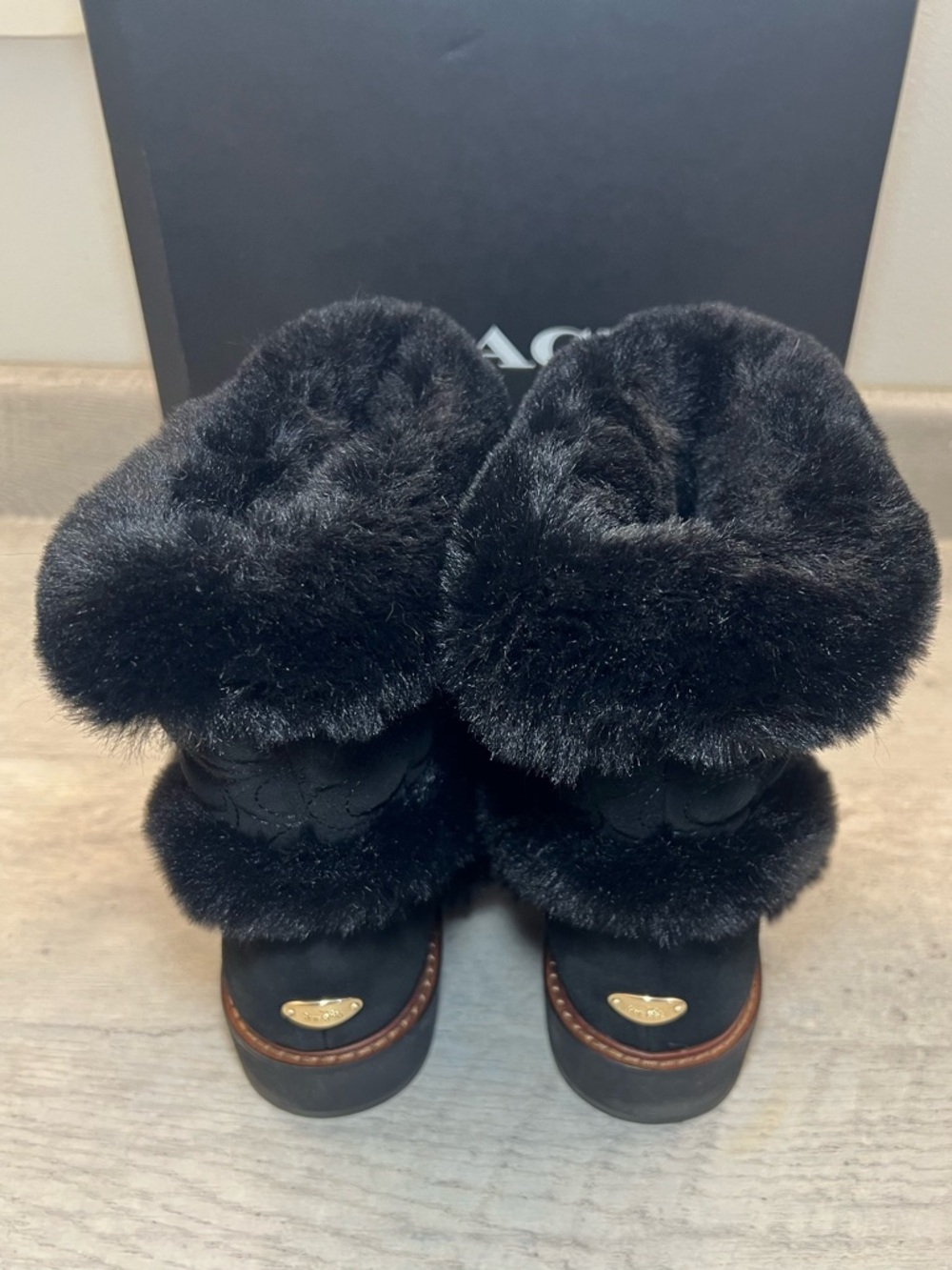 COACH IZZIE Boots Size 11 Black Signature Midcalf Suede Faux Fur FG4597 - Picture 3 of 16